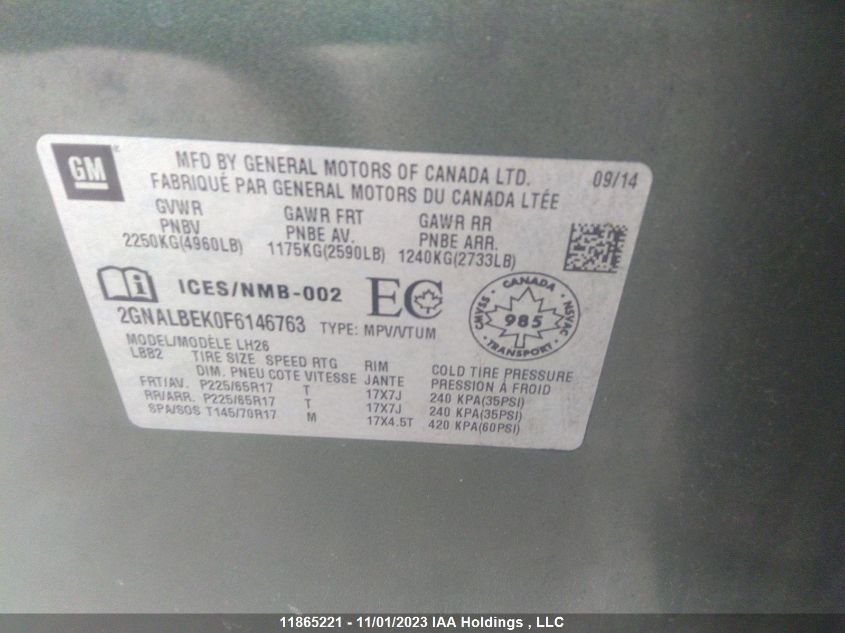 2015 Chevrolet Equinox Lt VIN: 2GNALBEK0F6146763 Lot: 11865221