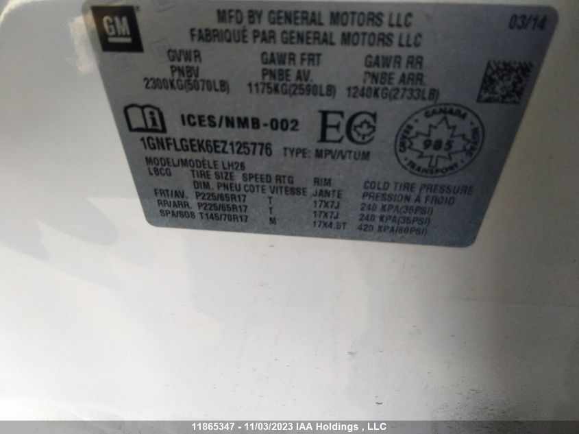 2014 Chevrolet Equinox Lt VIN: 1GNFLGEK6EZ125776 Lot: 11865347