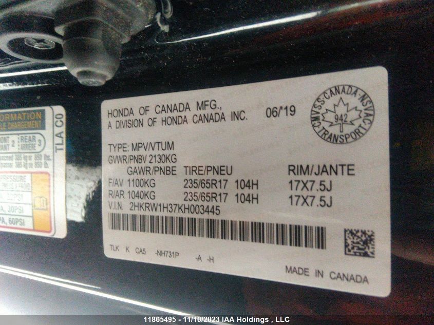 2019 Honda Cr-V Lx VIN: 2HKRW1H37KH003445 Lot: 11865495