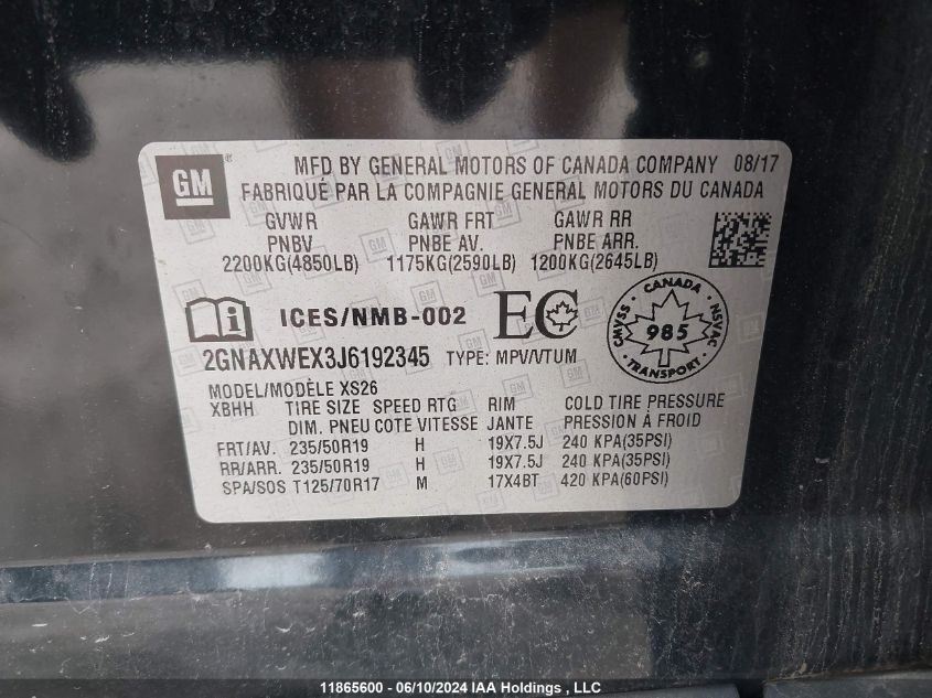 2018 Chevrolet Equinox Premier VIN: 2GNAXWEX3J6192345 Lot: 11865600