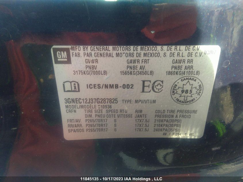 2007 Chevrolet Avalanche Ls/Lt1/Lt2/Lt3 VIN: 3GNEC12J37G287825 Lot: 11845135X