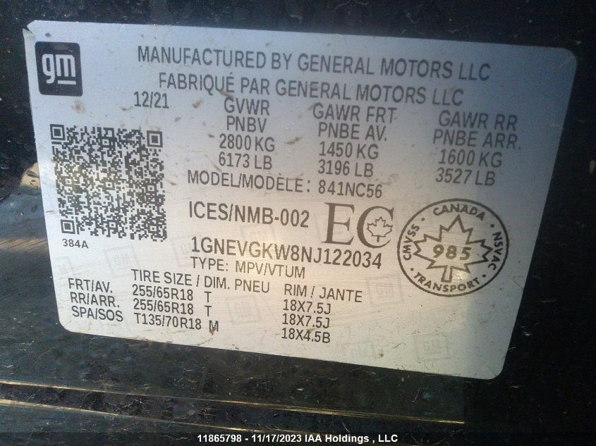 2022 Chevrolet Traverse Lt Cloth VIN: 1GNEVGKW8NJ122034 Lot: 11865798