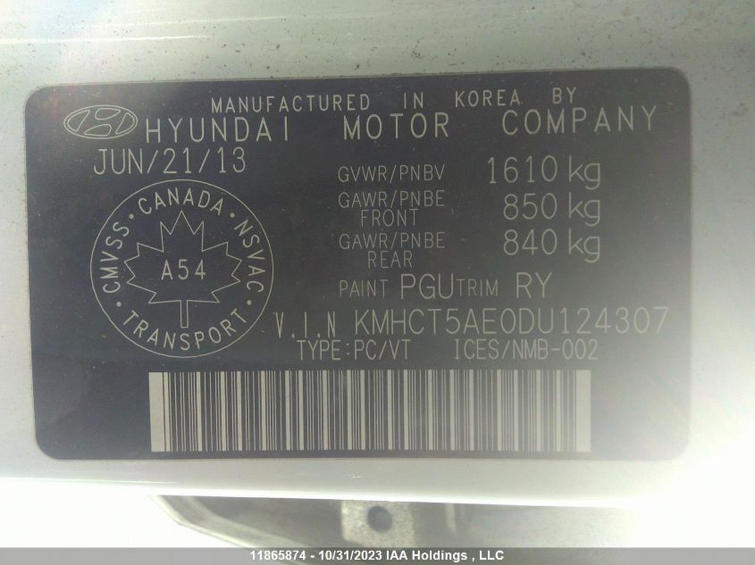 2013 Hyundai Accent Gls/Gs VIN: KMHCT5AE0DU124307 Lot: 11865874