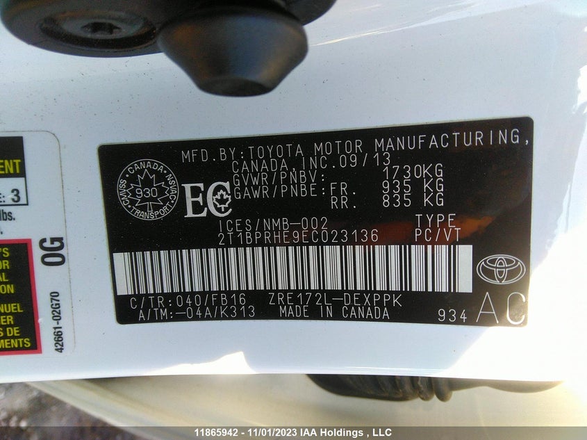2014 Toyota Corolla Eco/Eco Plus/Eco Premium VIN: 2T1BPRHE9EC023136 Lot: 11865942