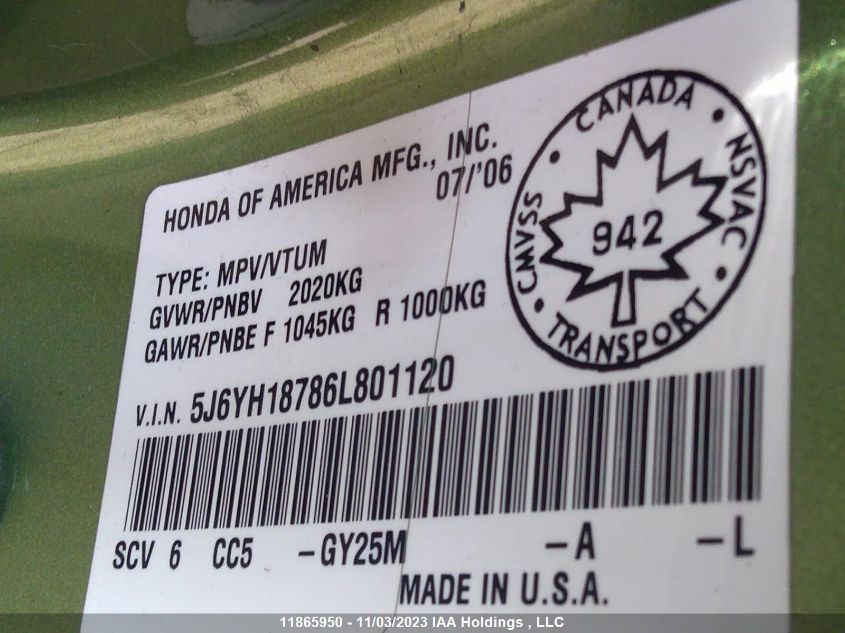 2006 Honda Element Ex-P VIN: 5J6YH18786L801120 Lot: 11865950