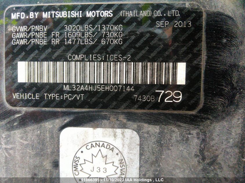 2014 Mitsubishi Mirage Es VIN: ML32A4HJ5EH007144 Lot: 11866395