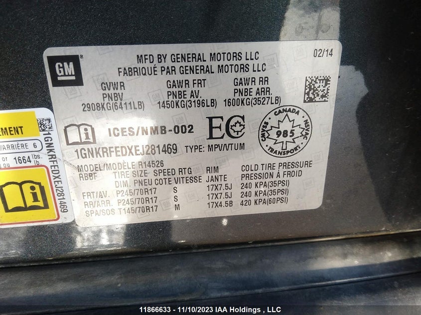 2014 Chevrolet Traverse Ls VIN: 1GNKRFEDXEJ281469 Lot: 11866633