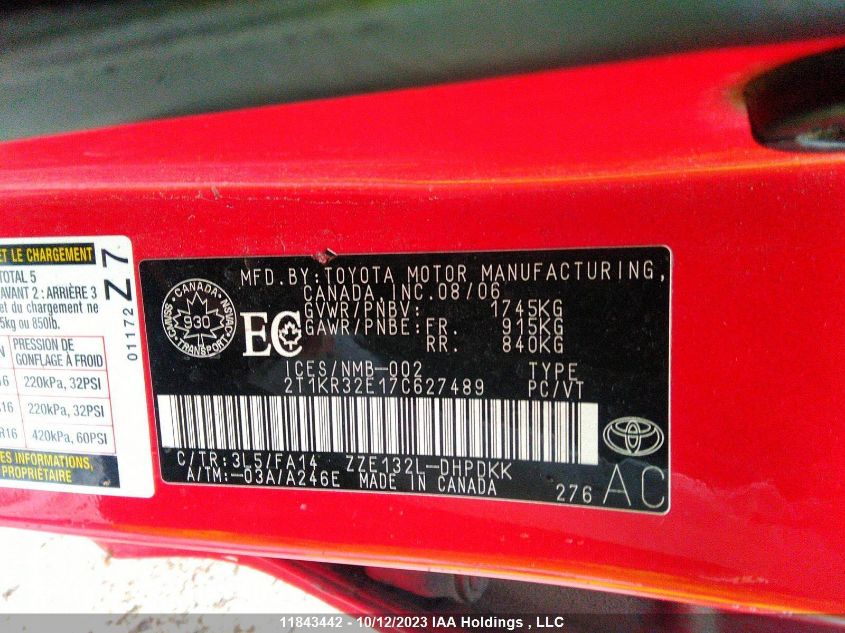 2007 Toyota Matrix Wagon VIN: 2T1KR32E17C627489 Lot: 11843442X