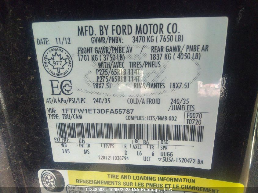 2013 Ford F-150 Xlt/Fx4/Lariat VIN: 1FTFW1ET3DFA55787 Lot: 11848588X