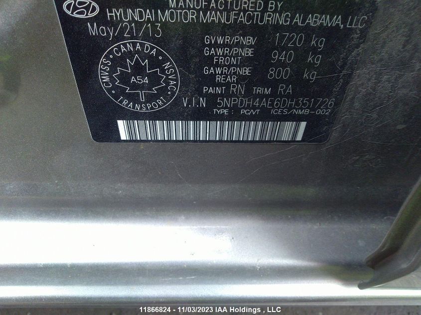 2013 Hyundai Elantra Gl VIN: 5NPDH4AE6DH351726 Lot: 11866824