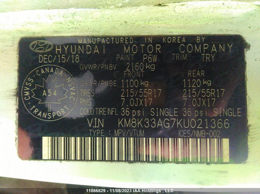2019 Hyundai Kona Electric Ultimate VIN: KM8K33AG7KU021366 Lot: 11866829