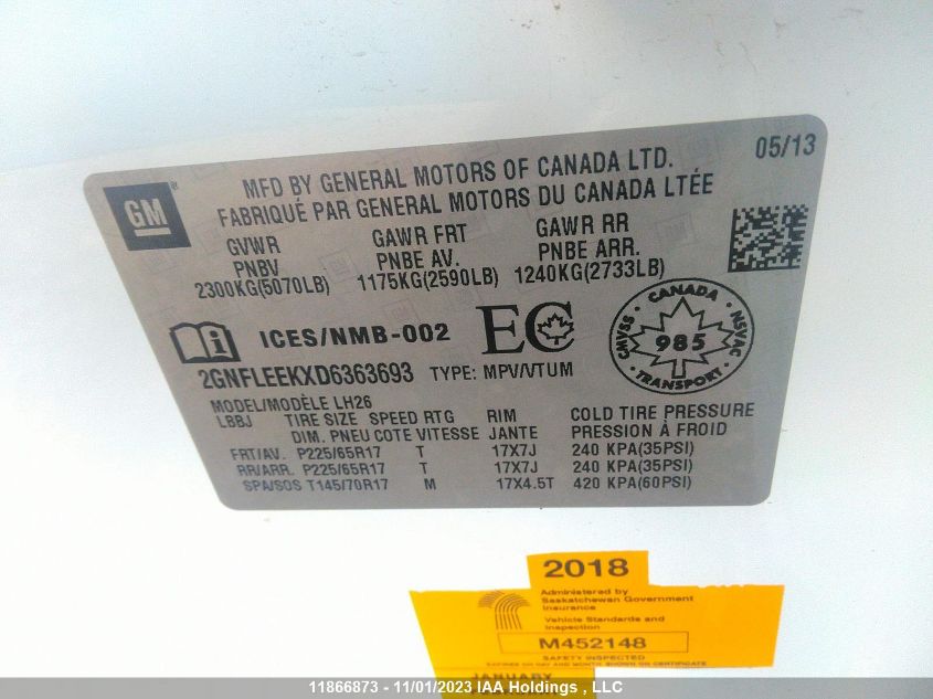 2013 Chevrolet Equinox Lt VIN: 2GNFLEEKXD6363693 Lot: 11866873