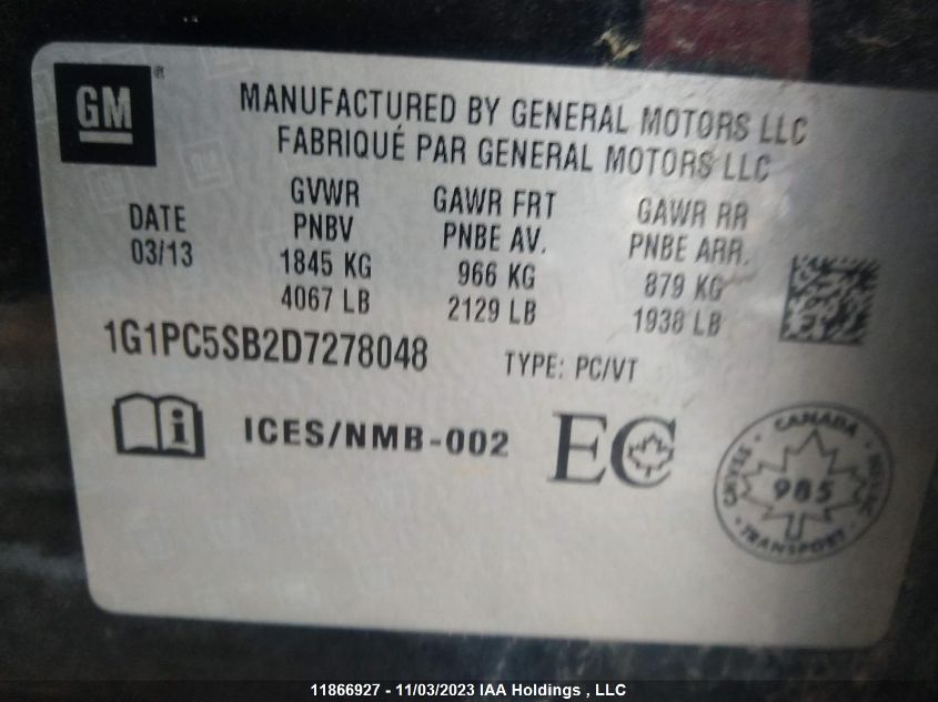 2013 Chevrolet Cruze Lt Turbo VIN: 1G1PC5SB2D7278048 Lot: 11866927