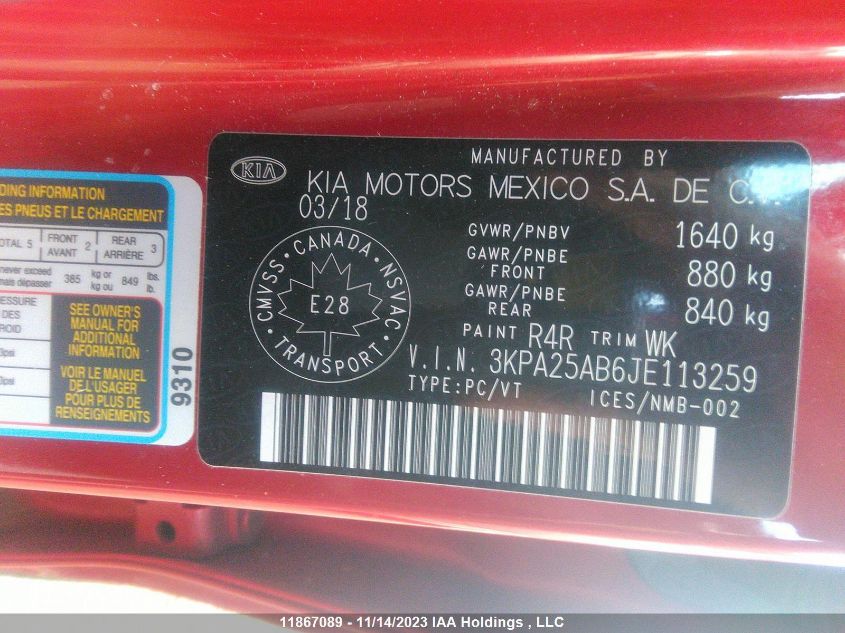 2018 Kia Rio Lx/S VIN: 3KPA25AB6JE113259 Lot: 11867089