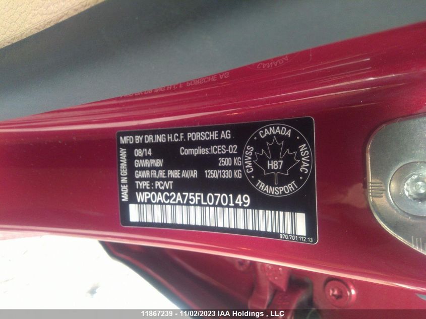 2015 Porsche Panamera Turbo VIN: WP0AC2A75FL070149 Lot: 11867239