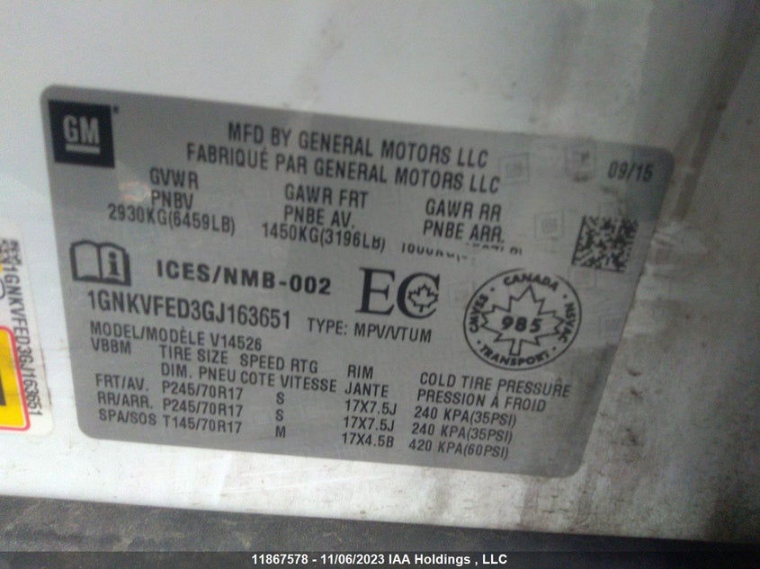 2016 Chevrolet Traverse Ls VIN: 1GNKVFED3GJ163651 Lot: 11867578