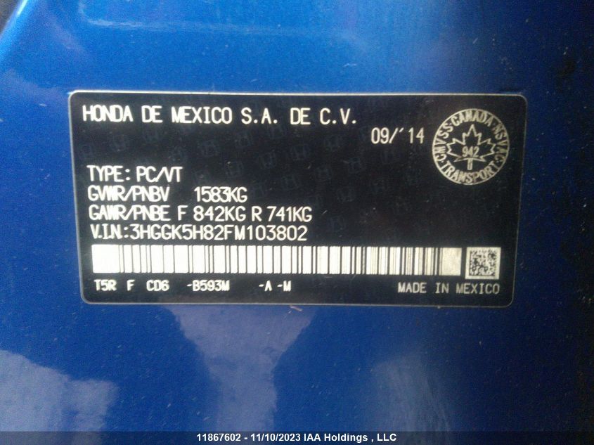 2015 Honda Fit Ex/Ex-L VIN: 3HGGK5H82FM103802 Lot: 11867602