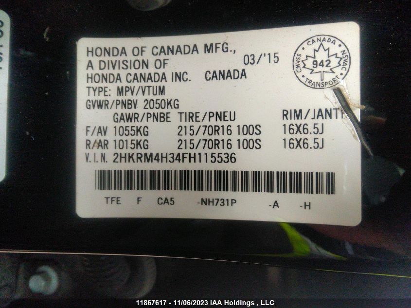 2015 Honda Cr-V VIN: 2HKRM4H34FH115536 Lot: 11867617