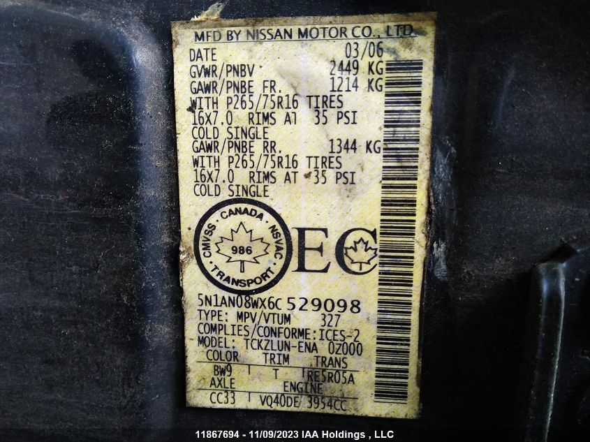 2006 Nissan Xterra Off Road/S/Se VIN: 5N1AN08WX6C529098 Lot: 11867694