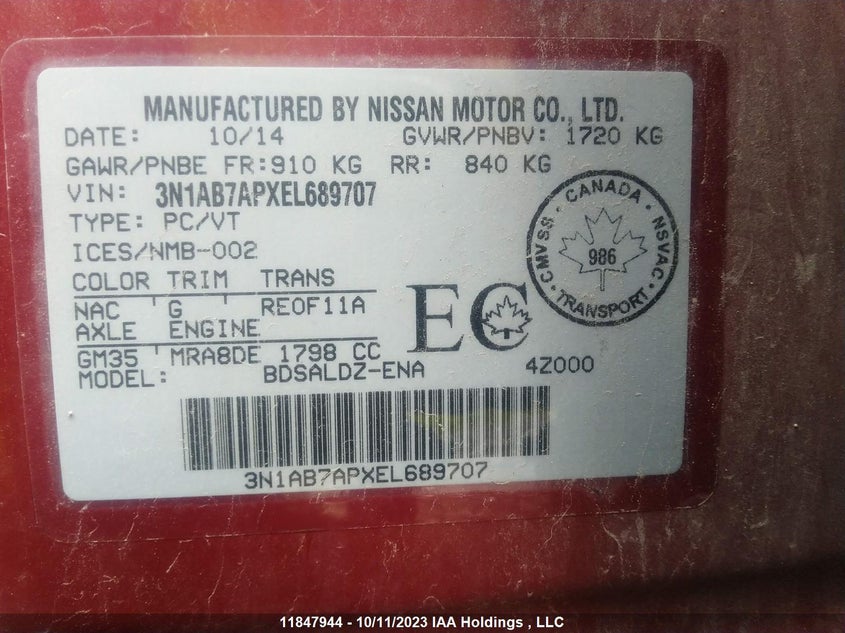 2014 Nissan Sentra S/Sv/Sr/Sl VIN: 3N1AB7APXEL689707 Lot: 11847944X