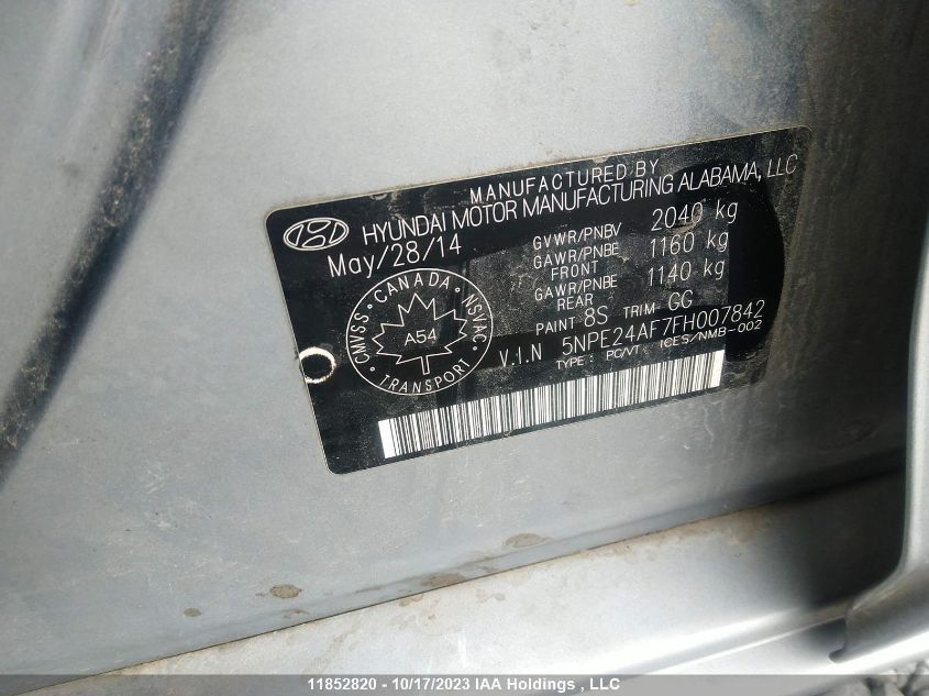 2015 Hyundai Sonata 2.4L Gl VIN: 5NPE24AF7FH007842 Lot: 11852820X