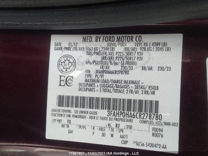 2012 Ford Fusion Se VIN: 3FAHP0HA6CR278780 Lot: 11867927