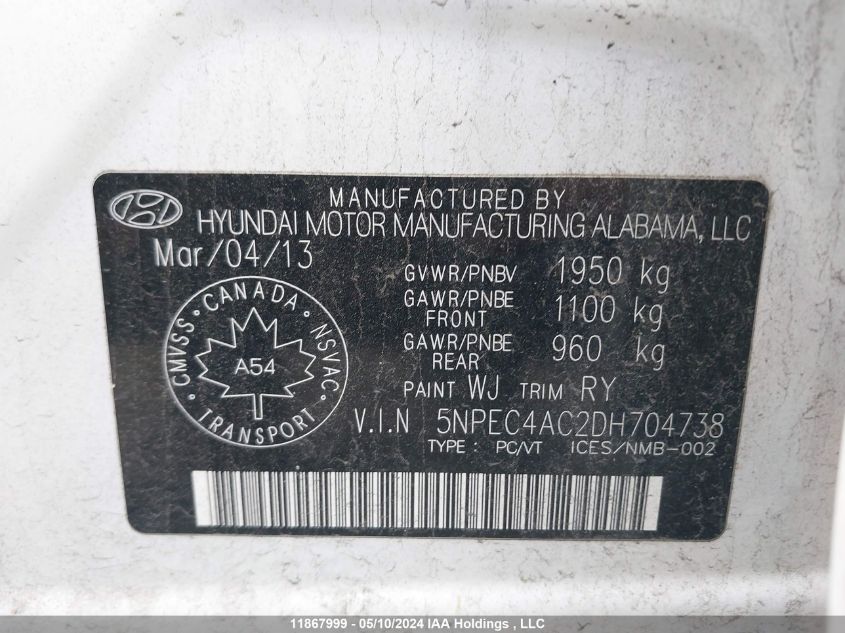 2013 Hyundai Sonata Limited W/Navi VIN: 5NPEC4AC2DH704738 Lot: 11867999
