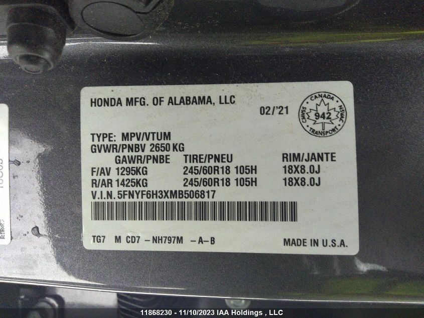 2021 Honda Pilot Ex VIN: 5FNYF6H3XMB506817 Lot: 11868230