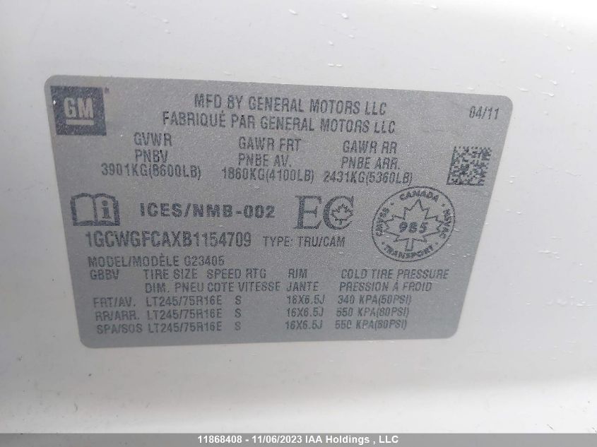 2011 Chevrolet Express G2500 VIN: 1GCWGFCAXB1154709 Lot: 11868408