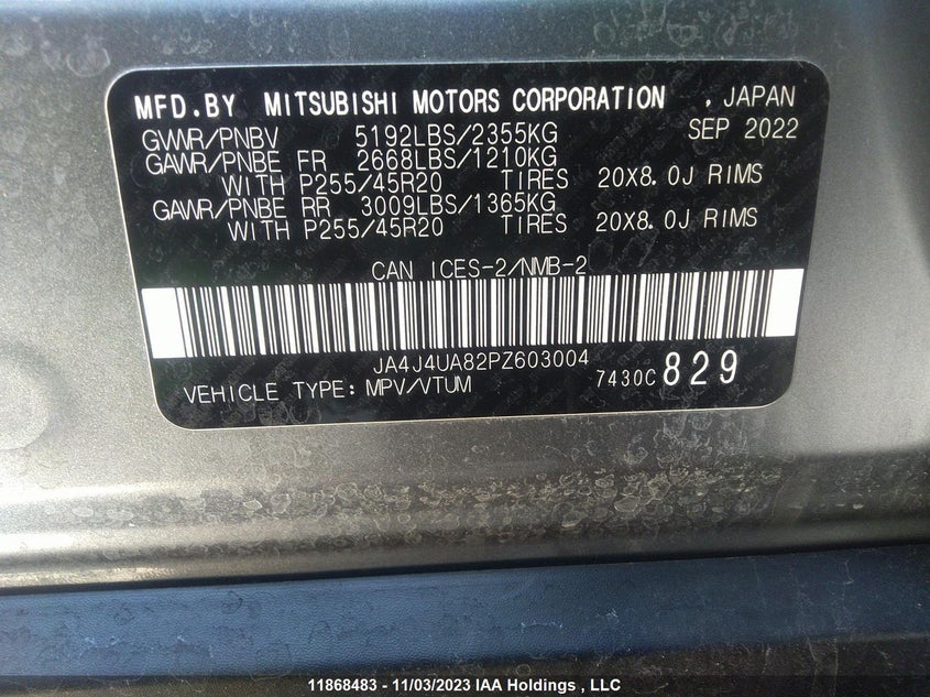 2023 Mitsubishi Outlander Se/Le/Le Premium/Sel/Noir VIN: JA4J4UA82PZ603004 Lot: 11868483