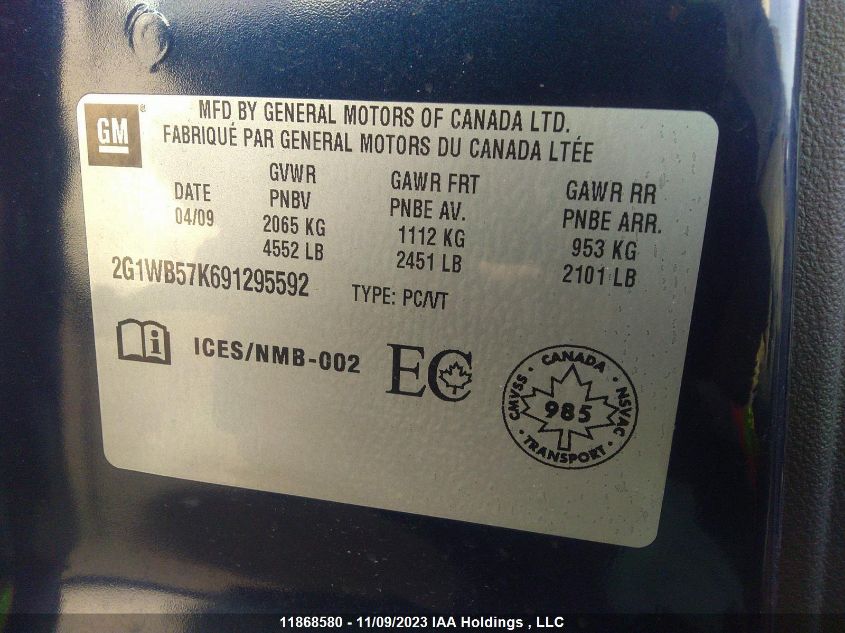 2009 Chevrolet Impala Ls VIN: 2G1WB57K691295592 Lot: 11868580