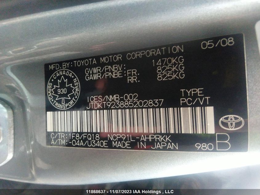 2008 Toyota Yaris VIN: JTDKT923885202837 Lot: 11868637