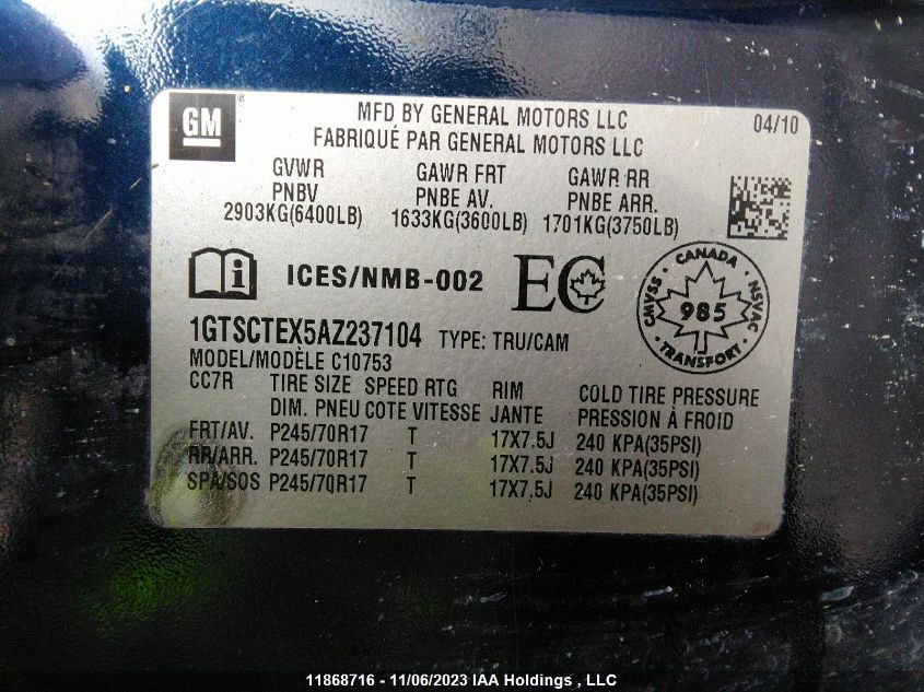 2010 GMC Sierra 1500 VIN: 1GTSCTEX5AZ237104 Lot: 11868716