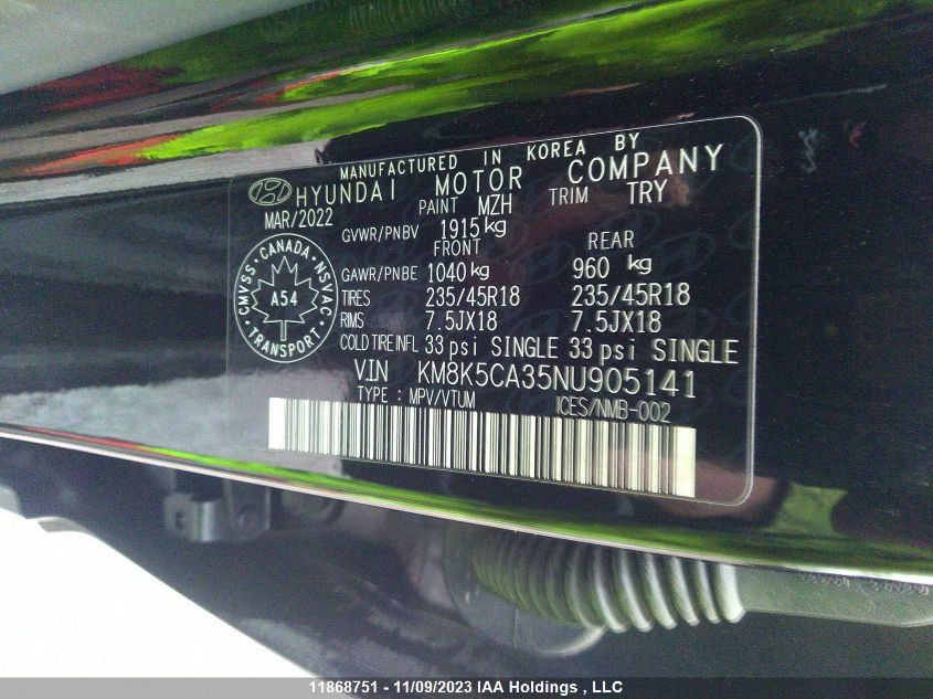 2022 Hyundai Kona N Line VIN: KM8K5CA35NU905141 Lot: 11868751