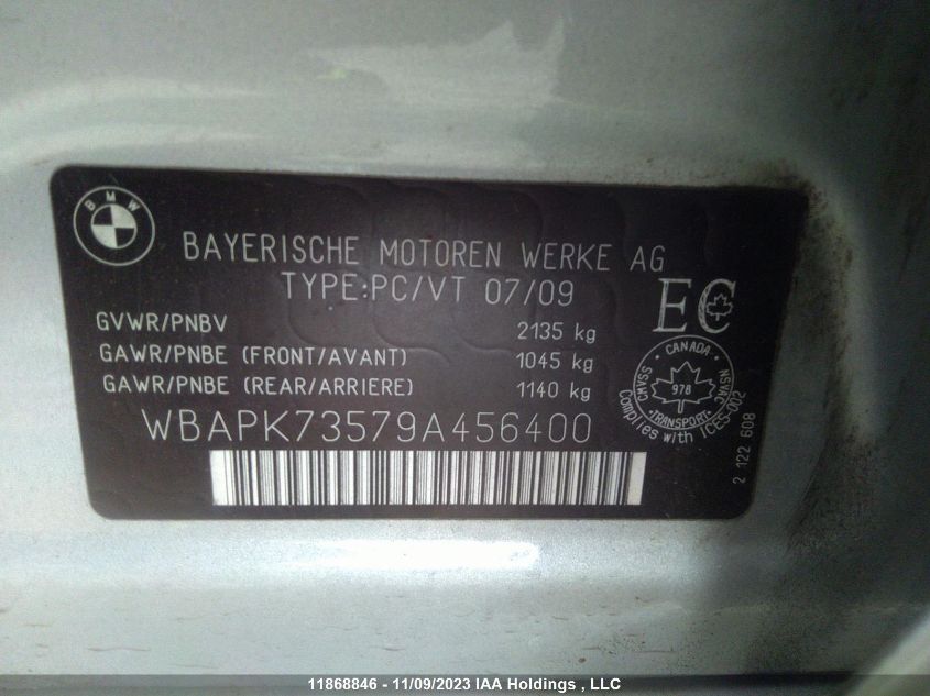 2009 BMW 3 Series 328I xDrive VIN: WBAPK73579A456400 Lot: 11868846