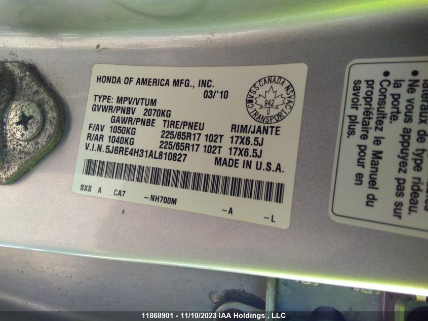 2010 Honda Cr-V Lx VIN: 5J6RE4H31AL810827 Lot: 11868901