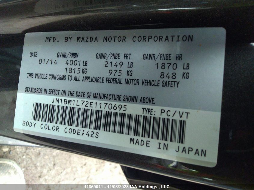 2014 Mazda 3 Mazda VIN: JM1BM1L72E1170695 Lot: 11869011