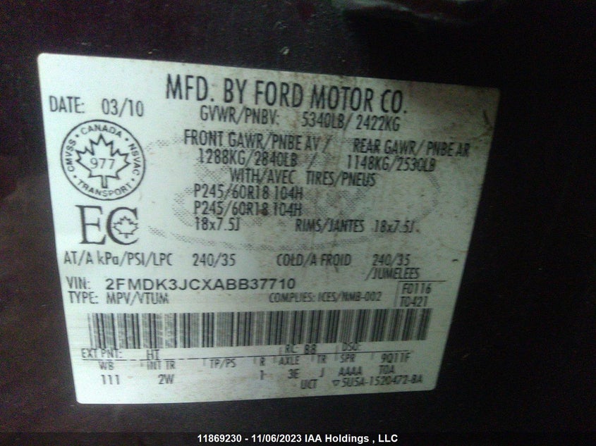 2010 Ford Edge Sel VIN: 2FMDK3JCXABB37710 Lot: 11869230