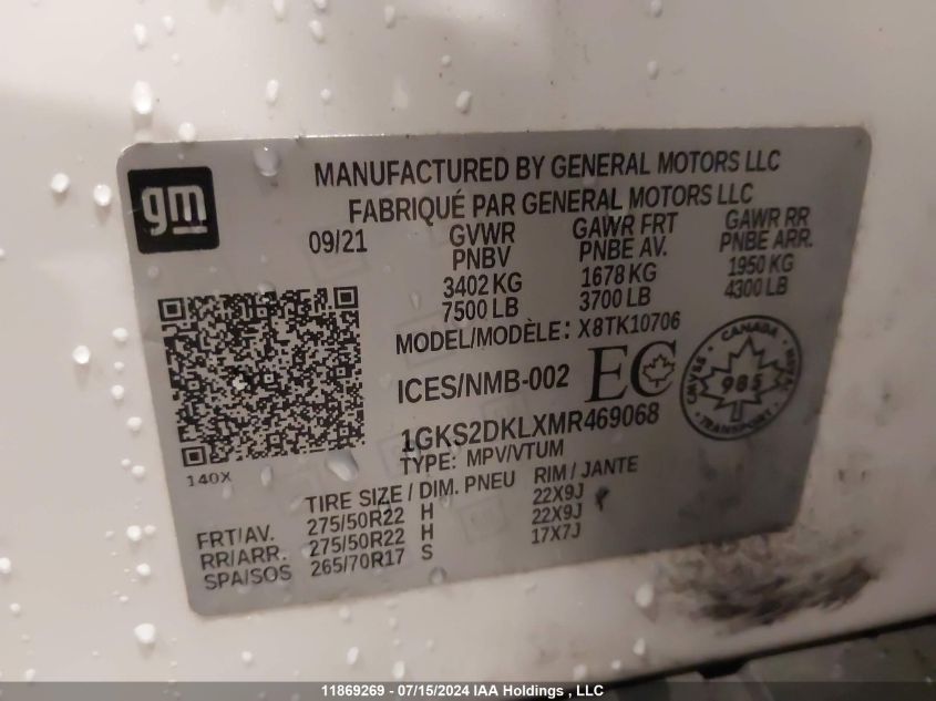 2021 GMC Yukon Denali Denali VIN: 1GKS2DKLXMR469068 Lot: 11869269