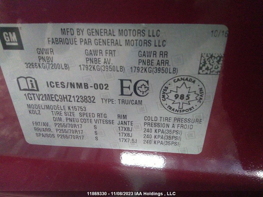 2017 GMC Sierra 1500 Sle VIN: 1GTV2MEC9HZ123832 Lot: 11869330