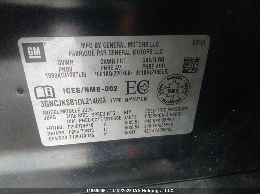 2013 Chevrolet Trax Ls VIN: 3GNCJKSB1DL214693 Lot: 11869506