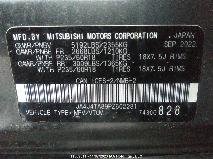 2023 Mitsubishi Outlander Es VIN: JA4J4TA89PZ602281 Lot: 11869511