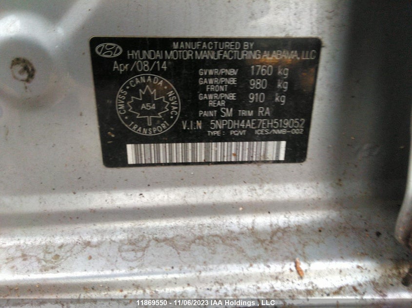 2014 Hyundai Elantra Se/Sport/Limited VIN: 5NPDH4AE7EH519052 Lot: 11869550