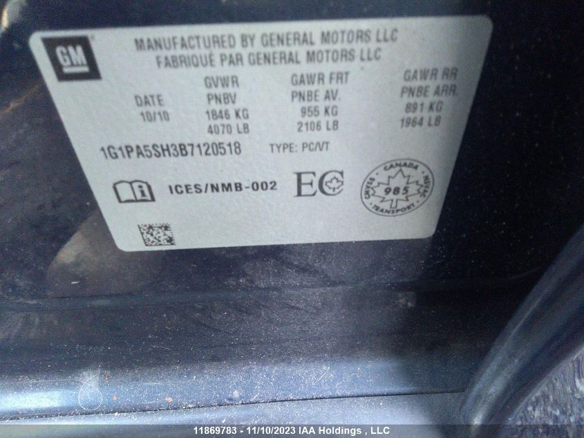 2011 Chevrolet Cruze VIN: 1G1PA5SH3B7120518 Lot: 11869783