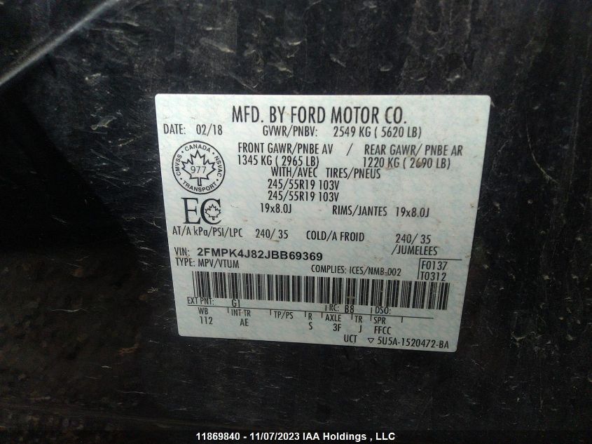2018 Ford Edge Sel VIN: 2FMPK4J82JBB69369 Lot: 11869840