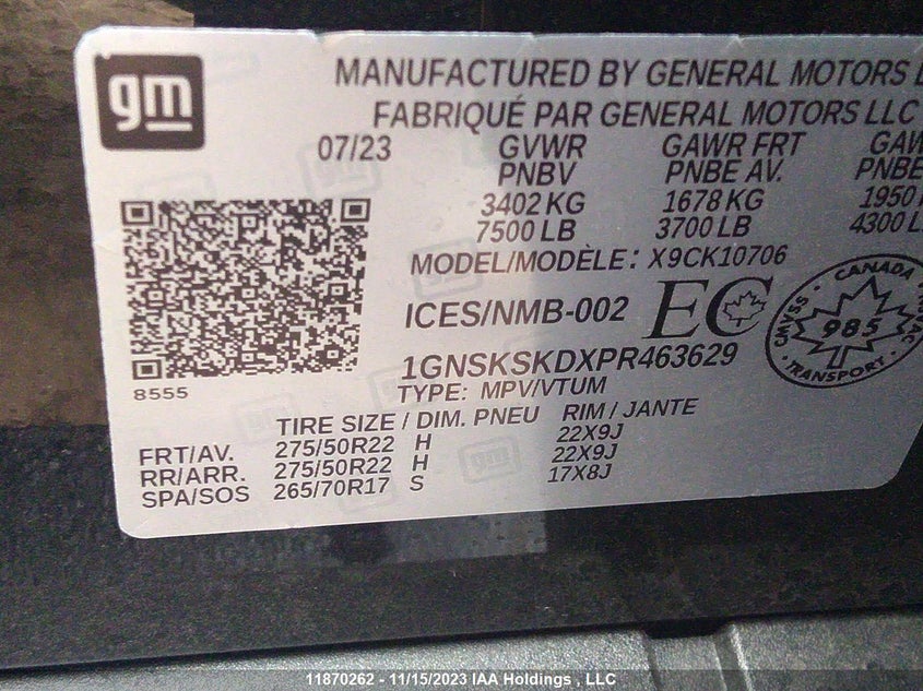 2023 Chevrolet Tahoe VIN: 1GNSKSKDXPR463629 Lot: 11870262