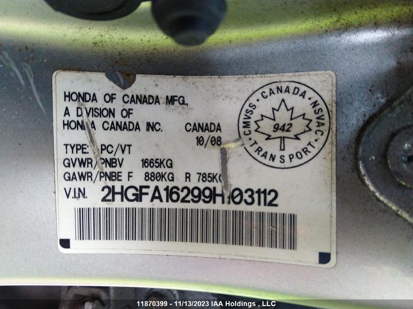 2009 Honda Civic Sdn Dx/Dx-A VIN: 2HGFA16299H103112 Lot: 11870399