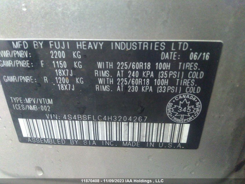 2017 Subaru Outback 3.6R Limited VIN: 4S4BSFLC4H3204267 Lot: 11870408