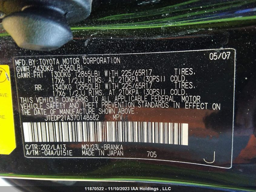 2007 Toyota Highlander Sport/Limited VIN: JTEDP21A370148682 Lot: 11870522