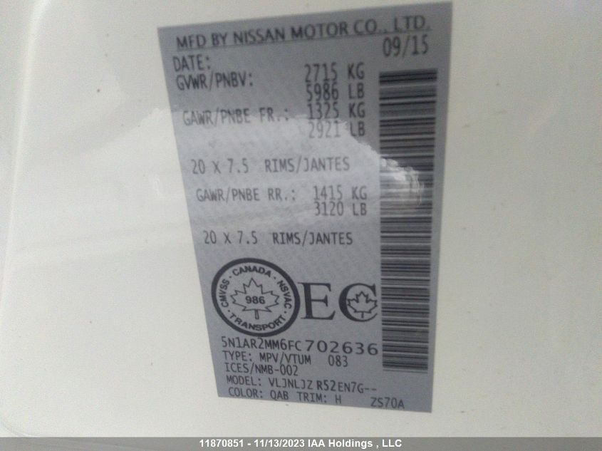 2015 Nissan Pathfinder S/Sv/Sl/Platinum VIN: 5N1AR2MM6FC702636 Lot: 11870851